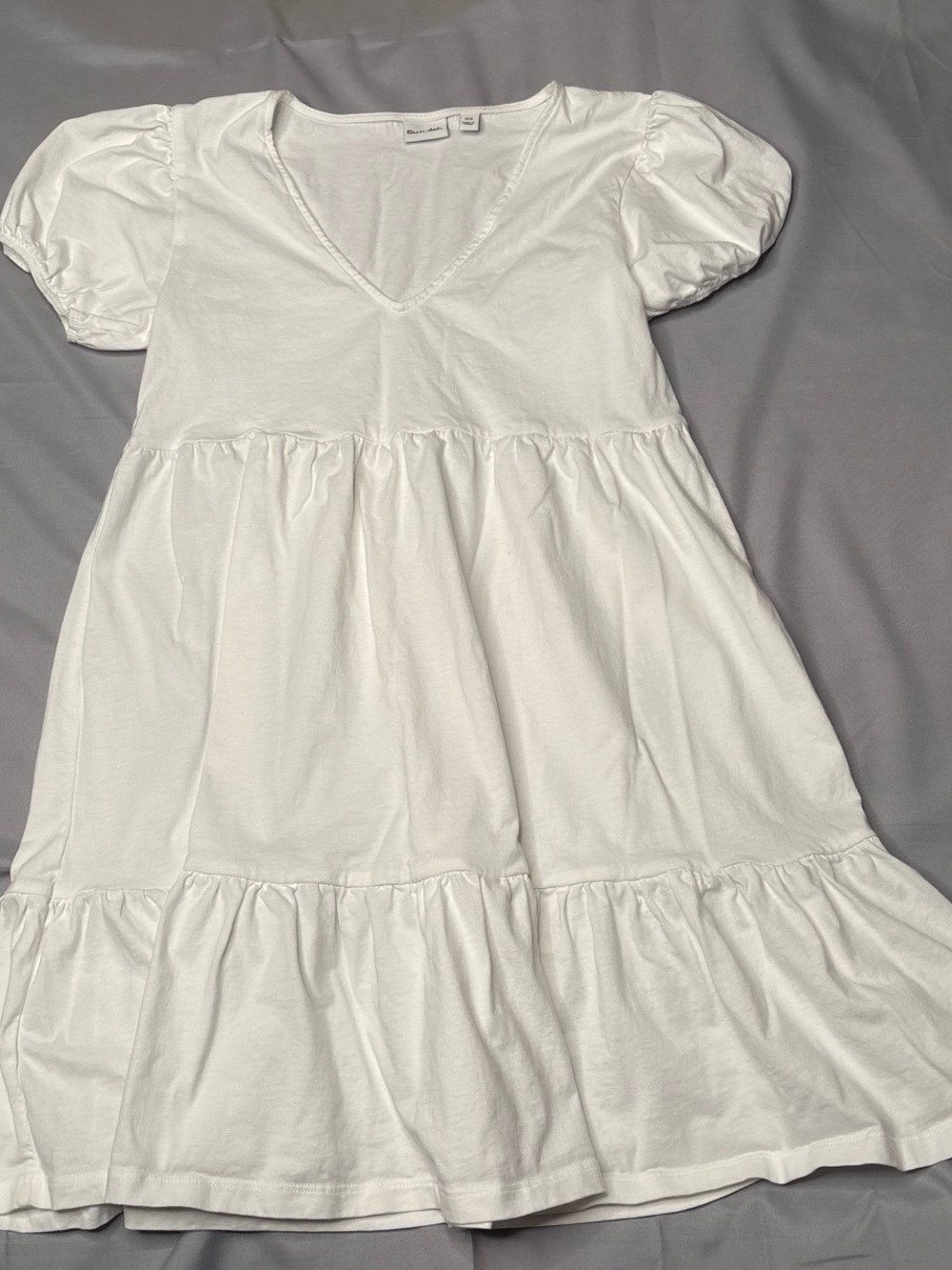 Aritzia Sun-deh White Puff-Sleeve Tiered Babydoll Mini Dress Classic Summer XS